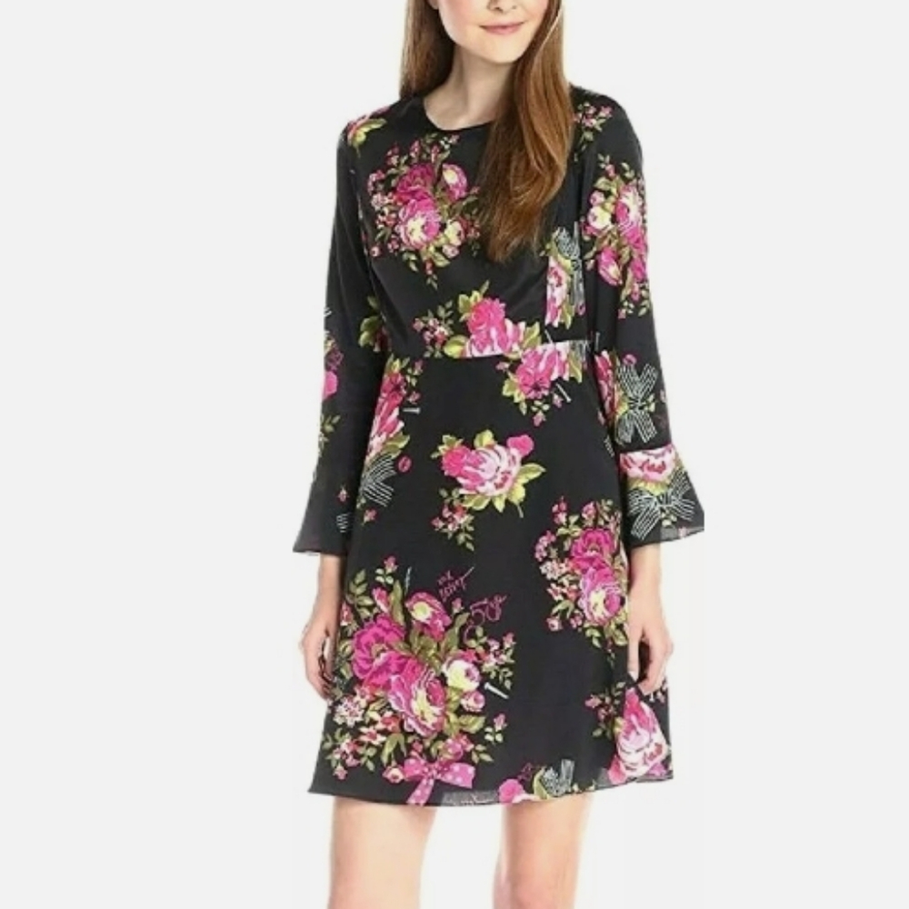 Betsey Johnson round neck mini dress long sleeve bell floral pink green black 2